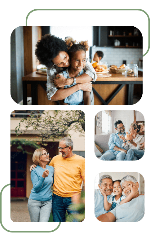 A collage of four happy, diverse families. 